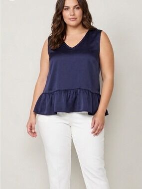 NWT Molly Bracken Peplum Sleeveless Blouse Navy Satin Woven, size 2X
